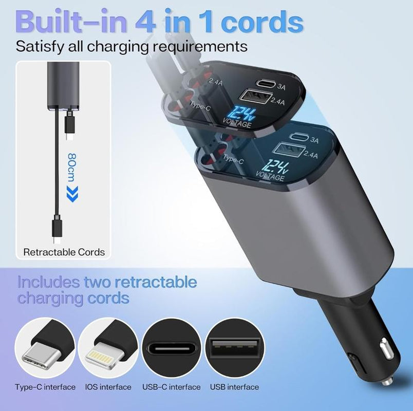 Retractable Super Fast Cable Car Charge 4 in 1 120W for Smartphones and Cellphones 4In1 Phonecharger