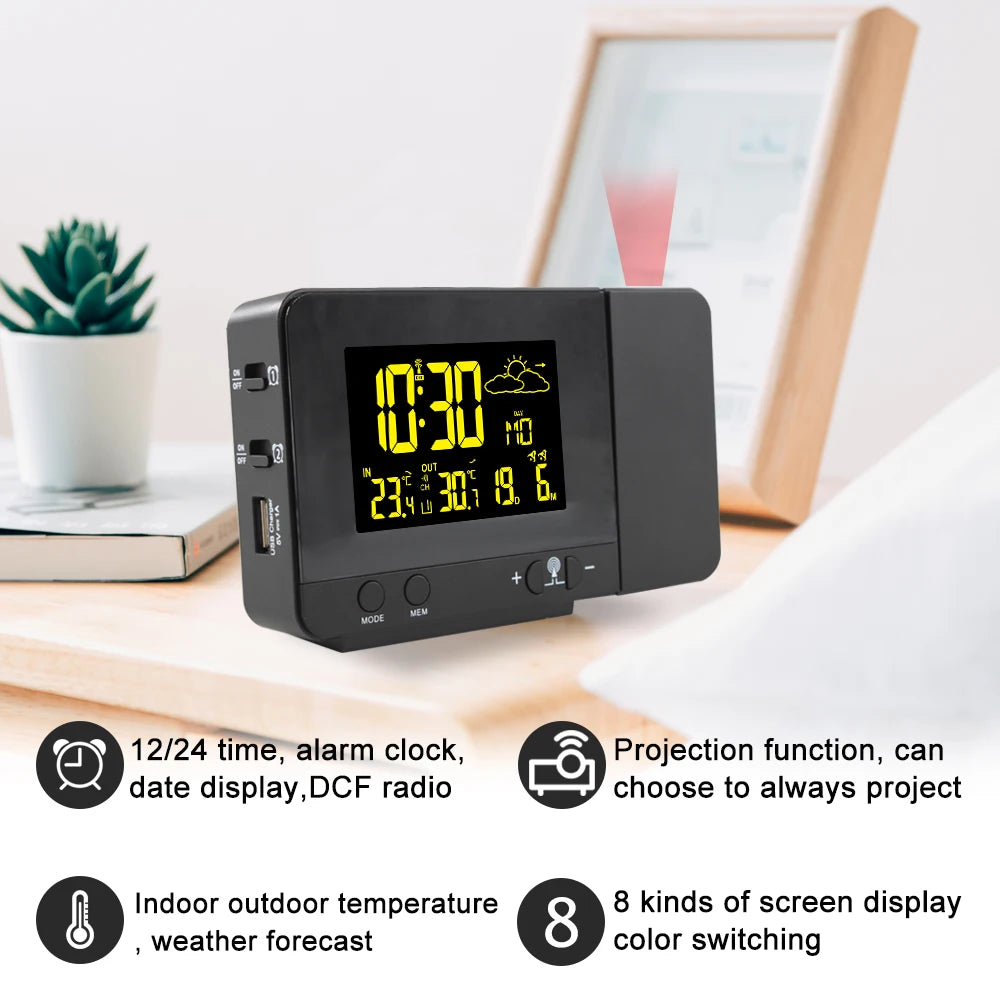 Projection Alarm Clock Digital Watch Calendar Temperature Meter Weather Forecast 8 Color Display Electronic Table Clocks