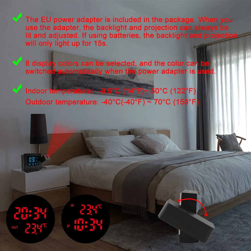 Projection Alarm Clock Digital Watch Calendar Temperature Meter Weather Forecast 8 Color Display Electronic Table Clocks