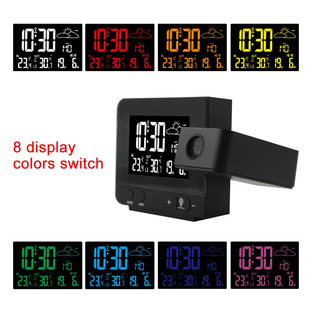 Projection Alarm Clock Digital Watch Calendar Temperature Meter Weather Forecast 8 Color Display Electronic Table Clocks