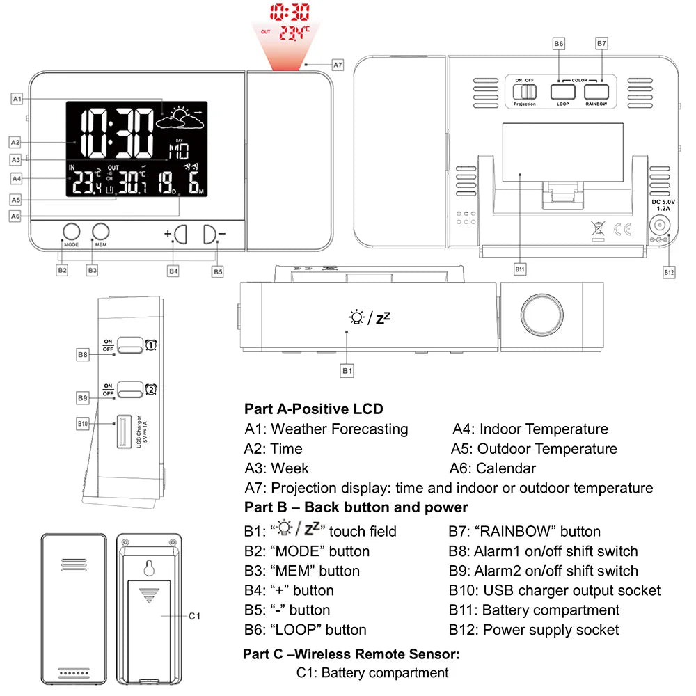 Projection Alarm Clock Digital Watch Calendar Temperature Meter Weather Forecast 8 Color Display Electronic Table Clocks