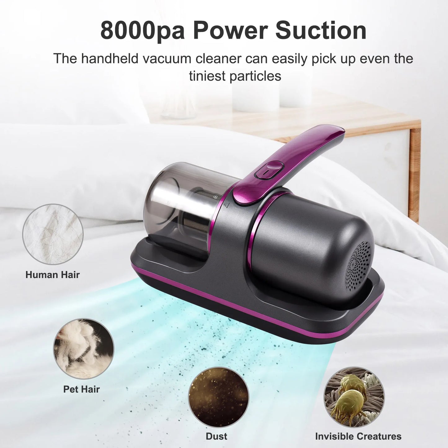 Compact Mattress Vacuum Cleaner 100W Handheld Cordless UV Bed Vacuum Cleaner 8000Pa Strong Suction 2 Speeds Adjustable for Clean