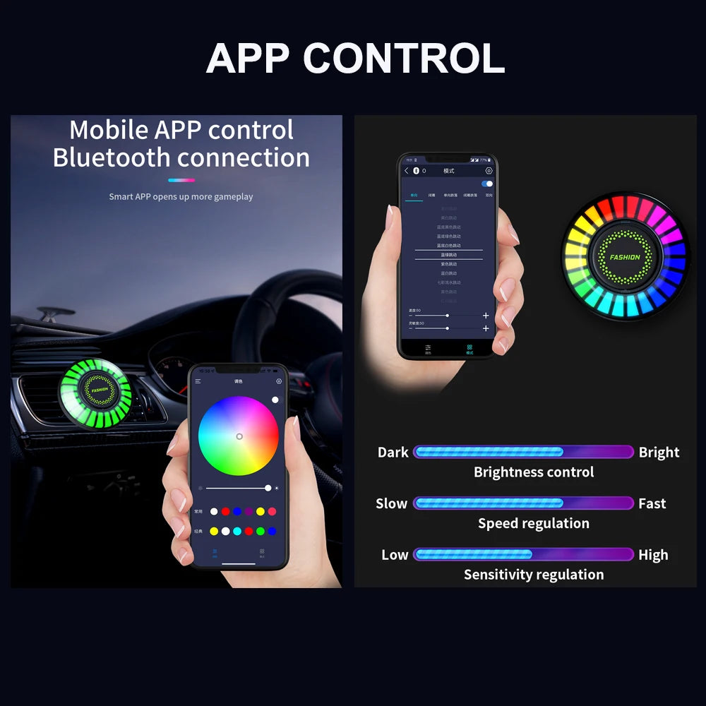 Car Music Rhythm Lamp Air Outlet Freshener App Control RGB LED Strip Sound Control Atmosphere Light 256 Colors Car Accessories