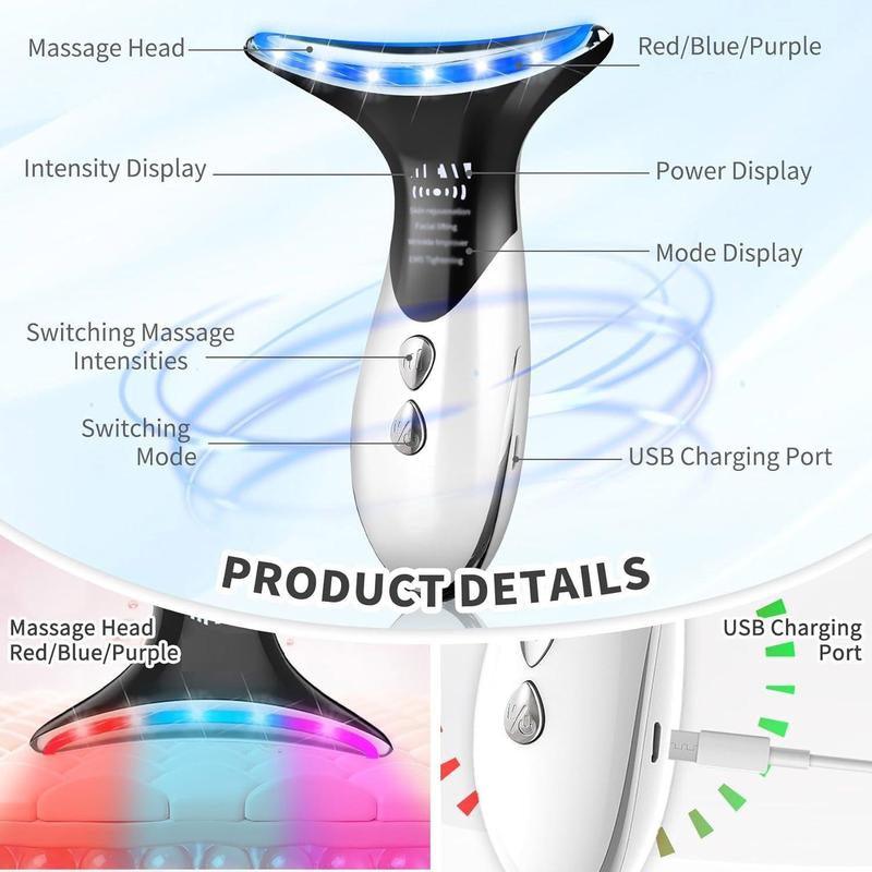 Portable 3 Adjustable Modes Facial Massager Neck Massager, Summer Neck Beauty Instrument, Rechargeable LED Tricolor Skin Care Beauty Massager for Women, Perfect Gift for Women and Men, Beauty Machine