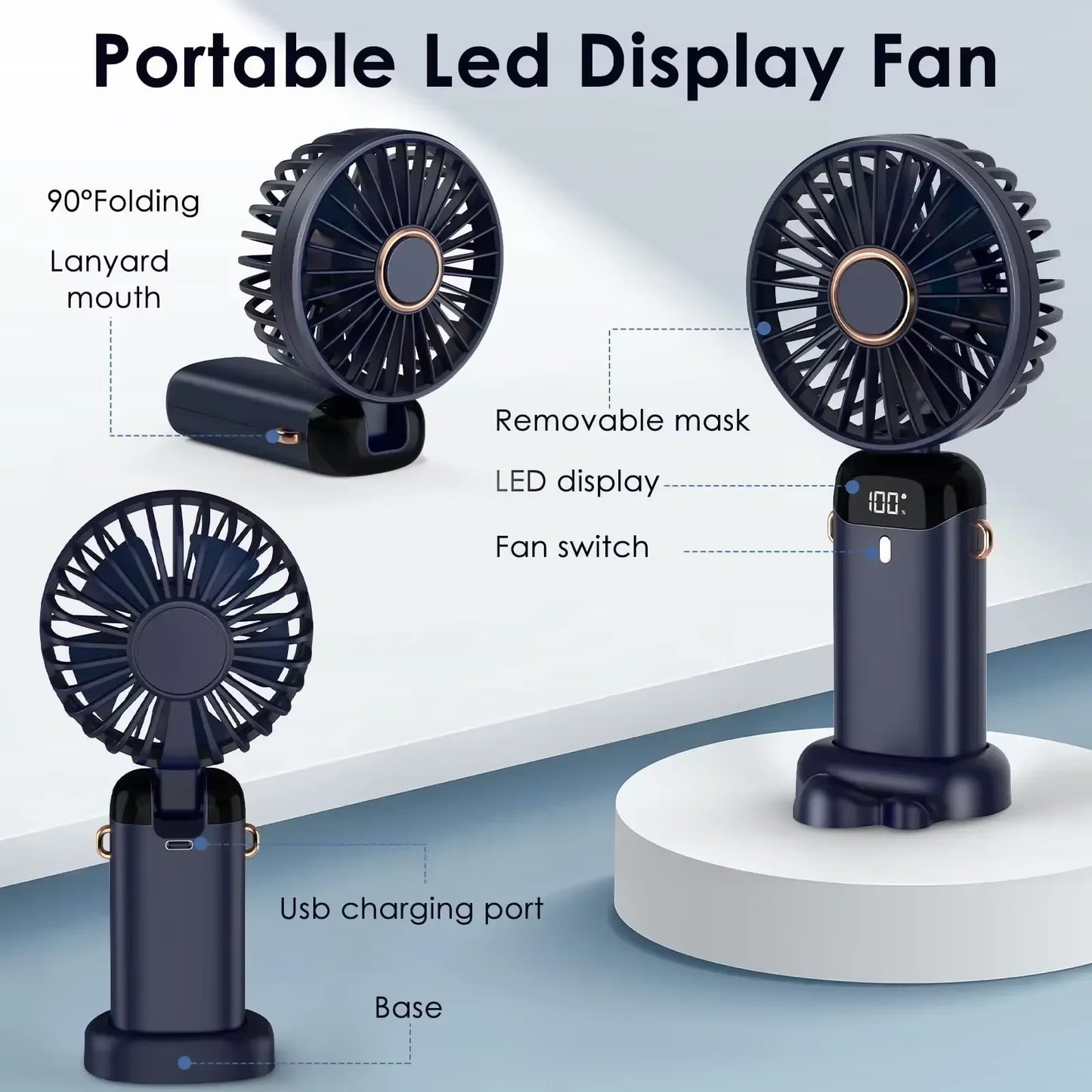 5000Mah Portable Fan Rechargeable 90° Foldable 5 Speed Mini Air Conditioner Small Fan Air Cooler with LED Digital Display